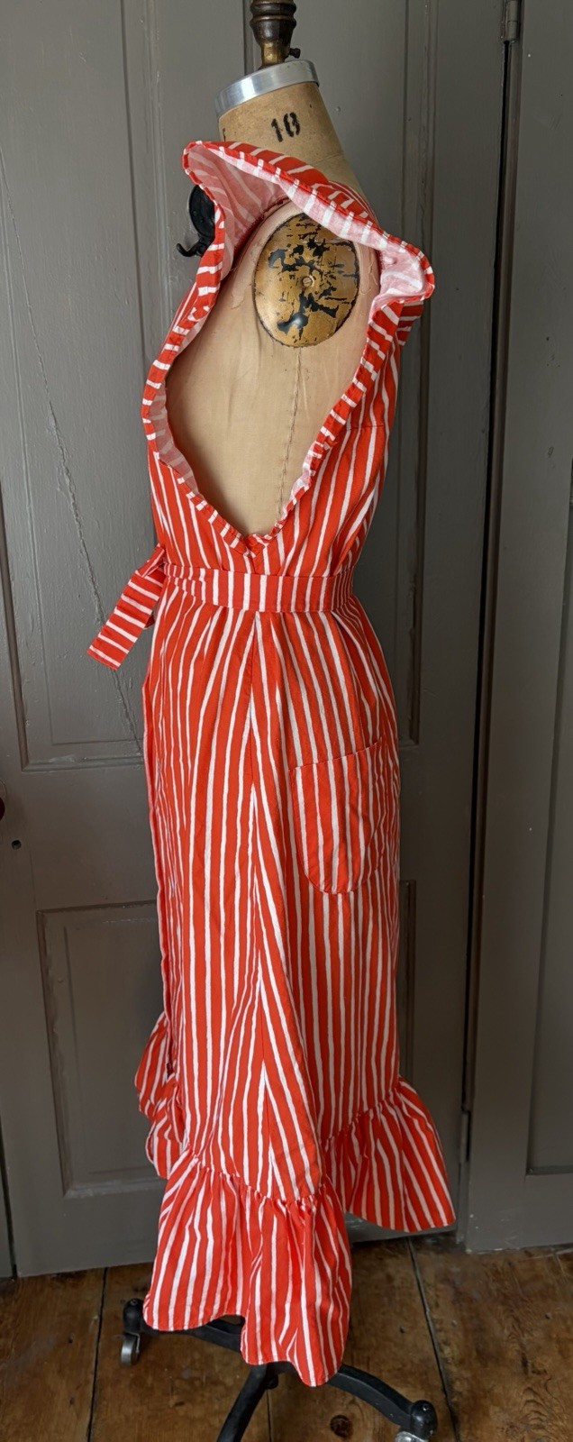 Vintage 1960s 1970s Marimekko Mariessu Red White Piccolo Stripe Apron Dress S