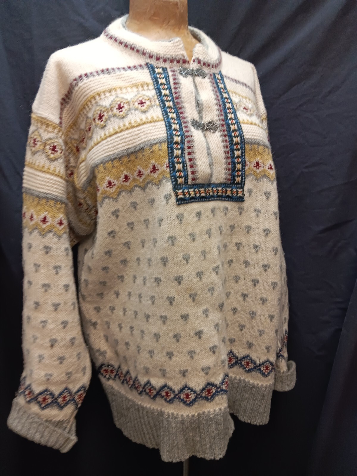 Vintage Tan Blue Dark Red Pale Green Wool Norwedgian Sweater by Devold M