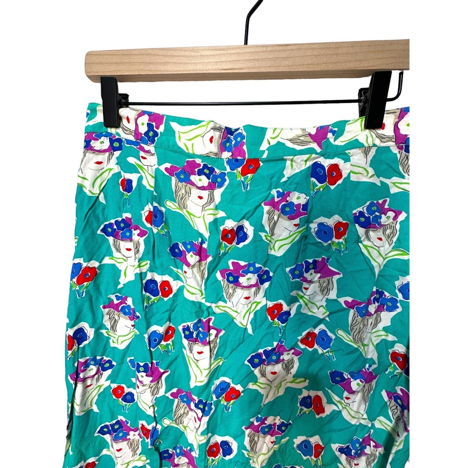 K & Company Vintage Teal Rayon Novelty Print Women Floral Hat Midi Skirt M