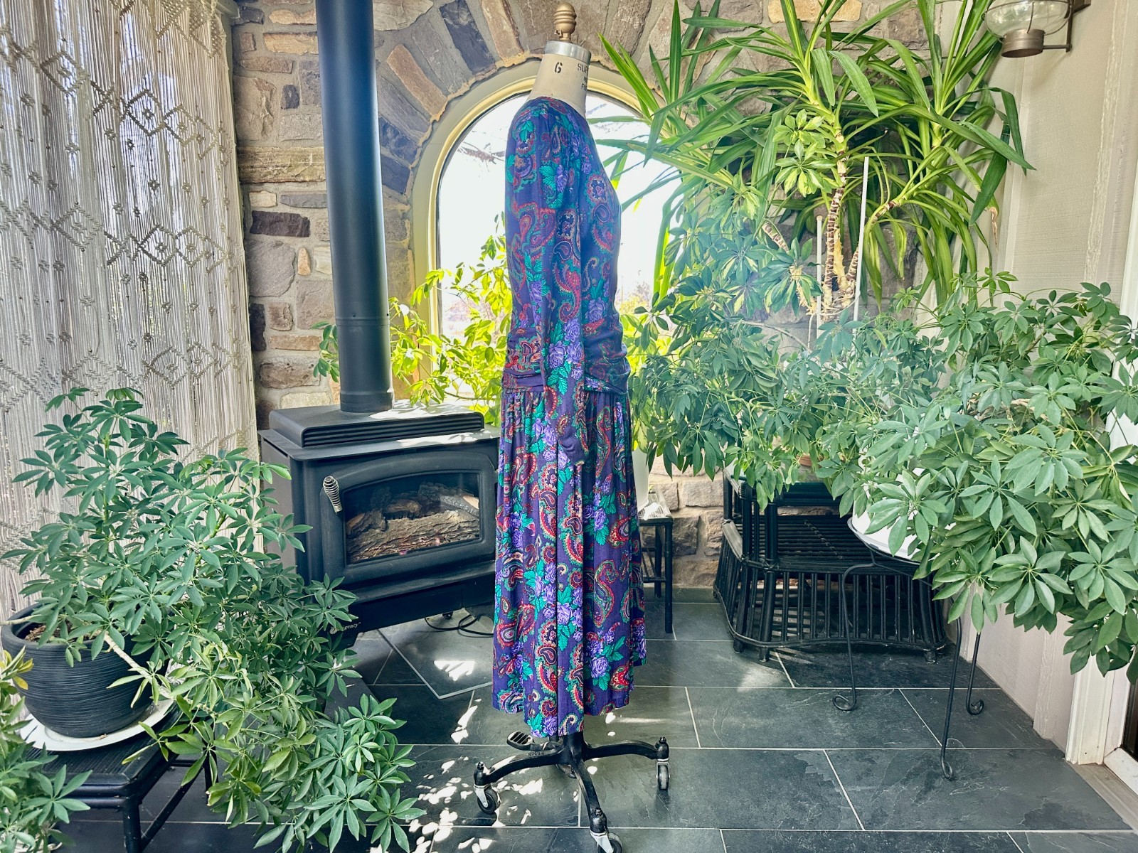 Vintage 1980s Purple Green and Red Paisley Rayon Dress Expo