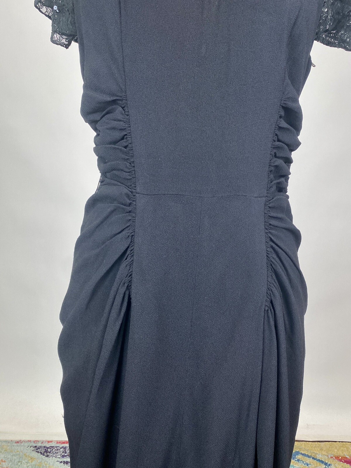Antique Vintage 1930s Black Rayon Beaded Dress Lace Bodice Rouched Waist AS IS