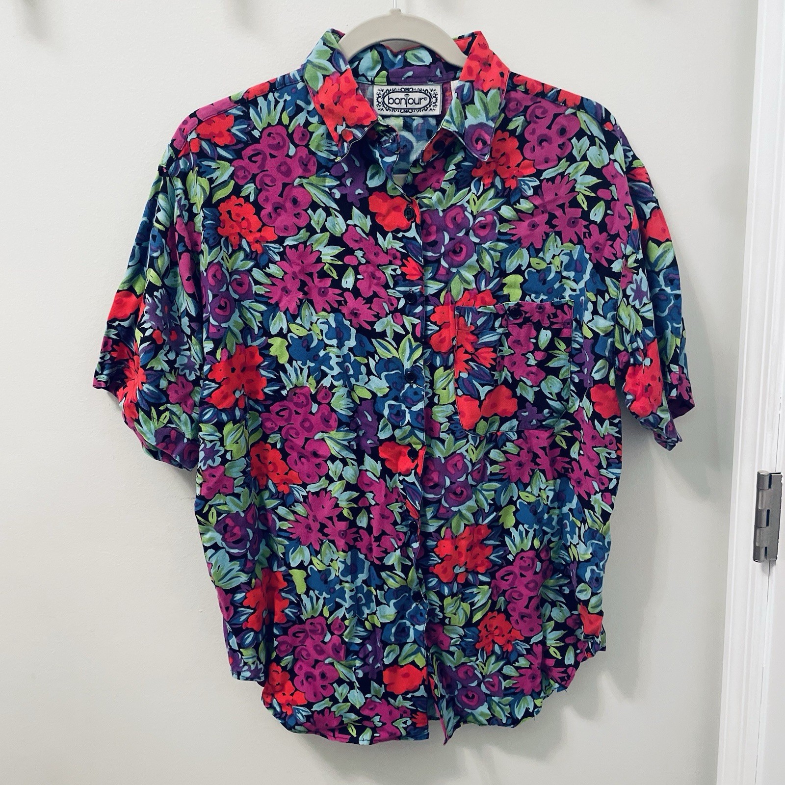Bonjour Women’s Maximalist Short Sleeve Button Down Floral Colorful Casual Shirt