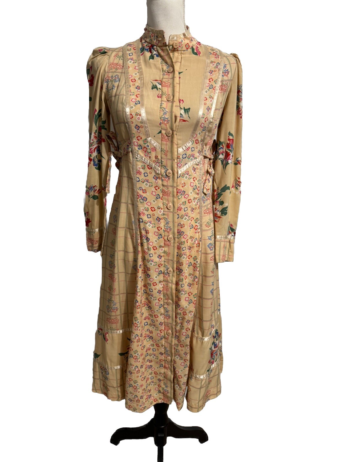 Vintage Ragtime Size 9 Tan Floral Short Sleeve Dress Button Side Tie