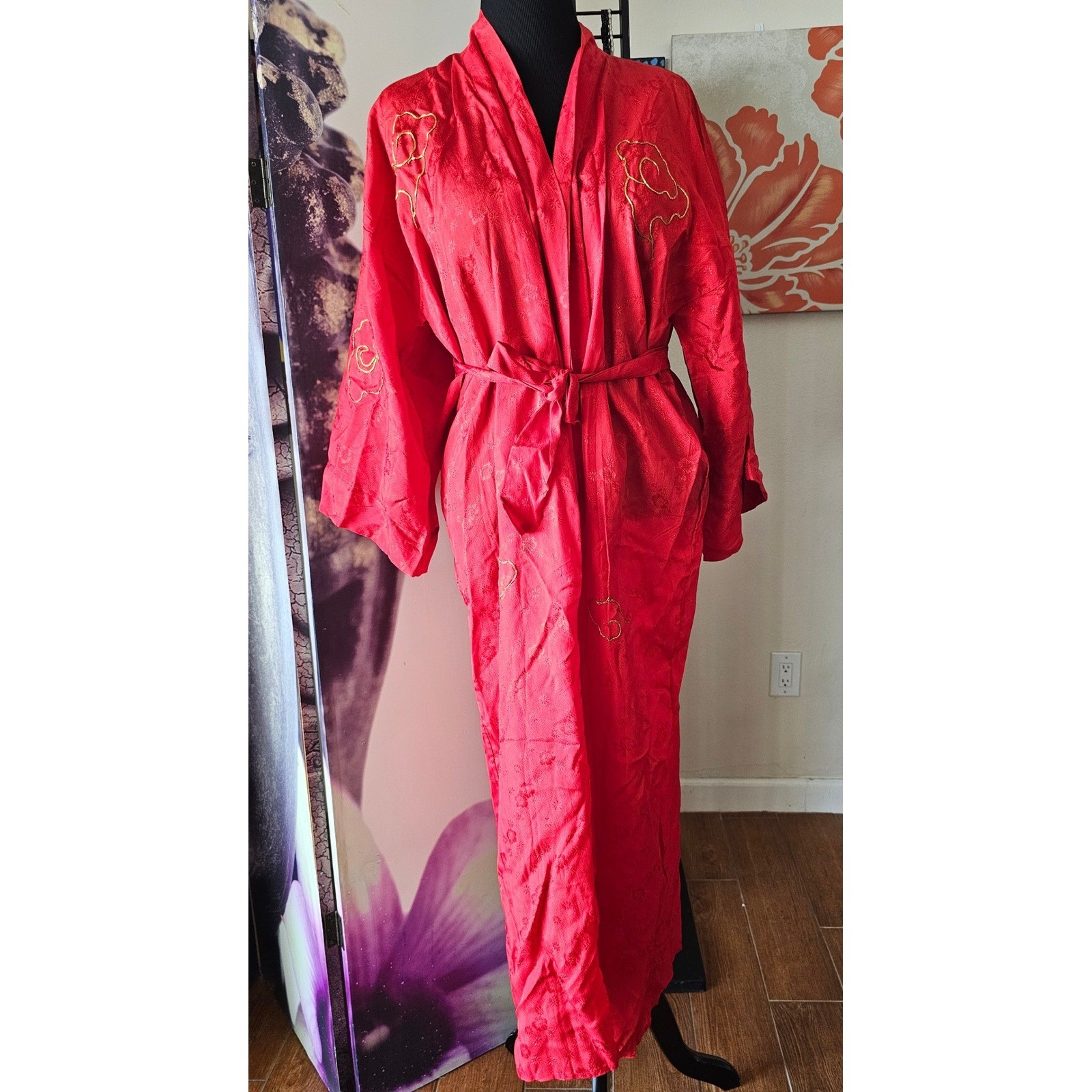 Vintage Red Satin Kimono Robe Gold Dragon Embroidery Long Loungewear Dress