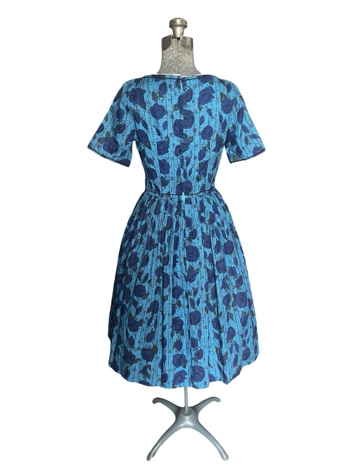 Vintage 1950’s Jewel Tone Blue Rose FULL SKIRT Party Rockabilly Easter Dress