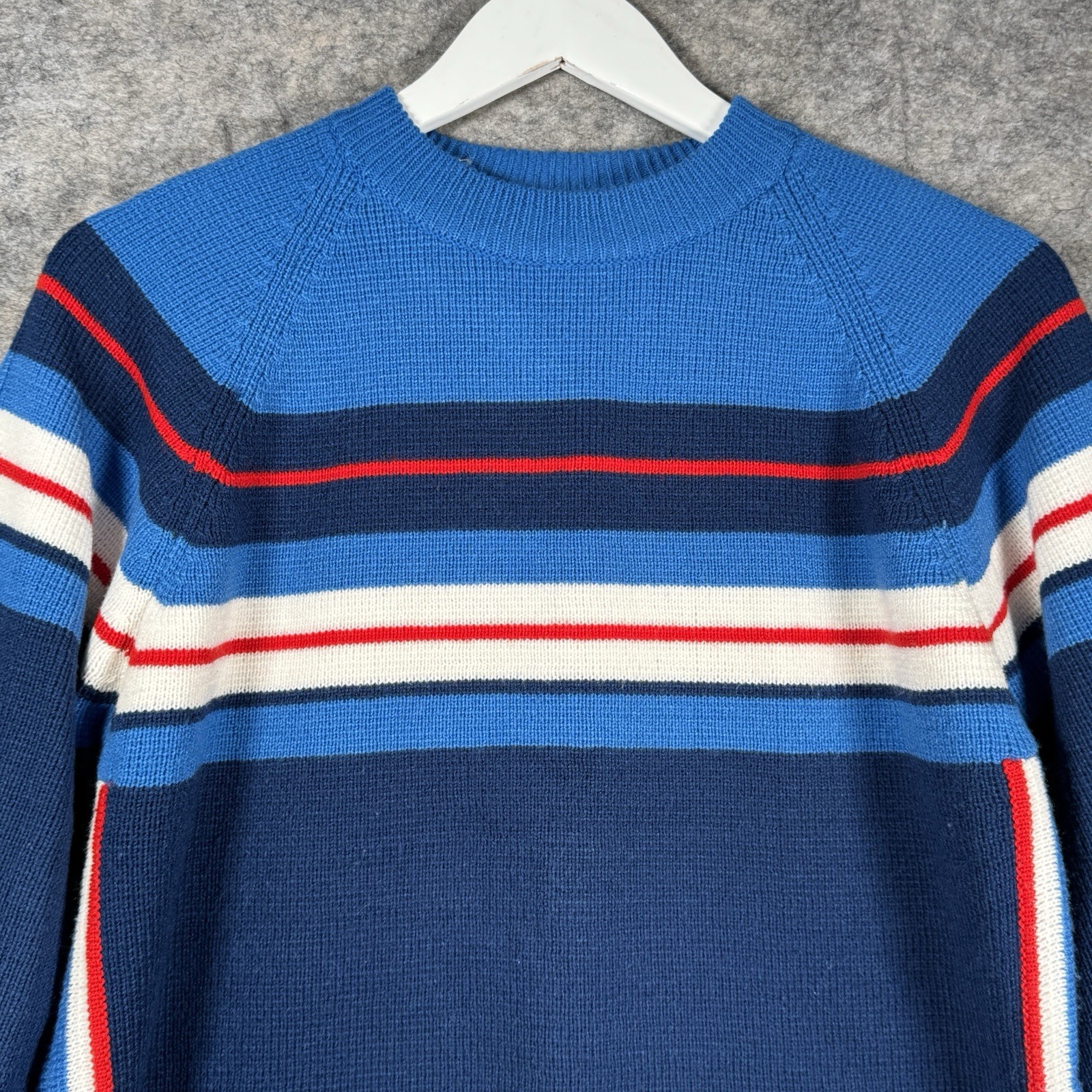 Vintage Womens Antler Brand Blue Red White Striped Knit Sweater Size L 19×25