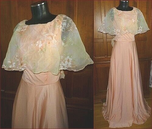 Vtg 70s Jersey Matte Cape Ruffle Floral Chiffon Boho Evening Wedding maxi Dress
