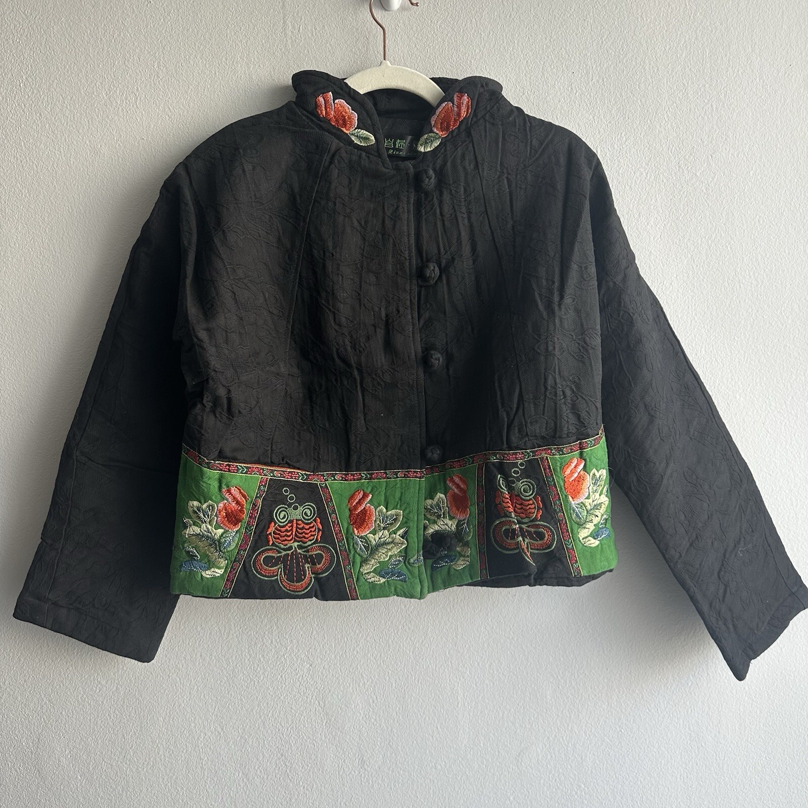 Vintage 100% Cotton Hand Embroidered Oriental Collar Crop Jacket w/ Frog Buttons