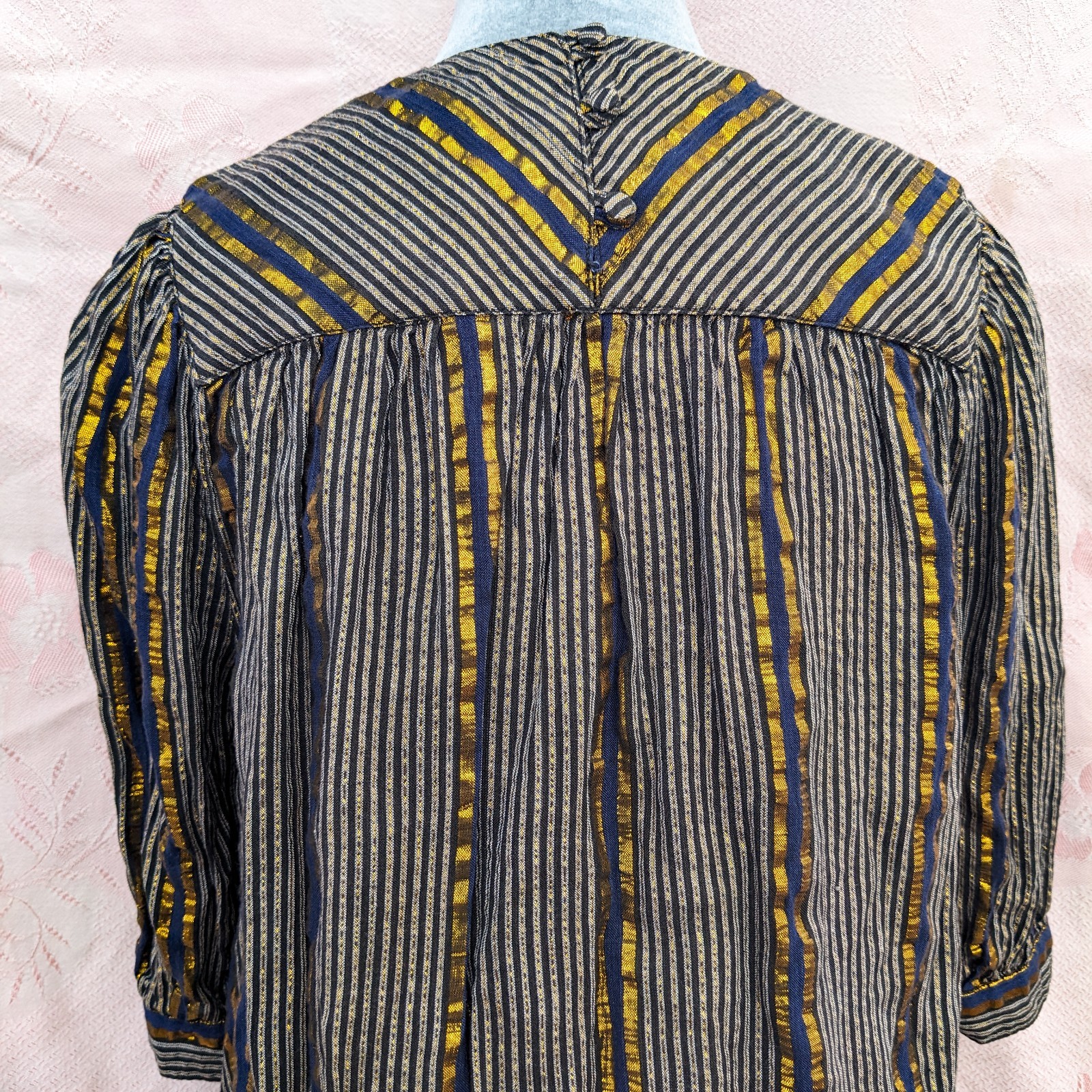 Vintage 70s Adini India Blouse S Navy Gold Lurex Metallic Stripe Boho Tunic Top