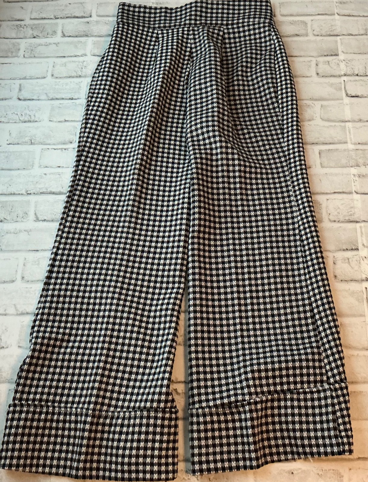BLACK/WHITE HOUNDSTOOTH POLYESTER WIDELEG 12 „W BELL BOTTOM PANTS