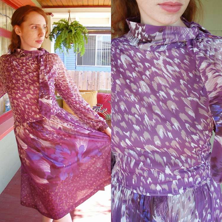 Vintage 70s 80s Secretary Dress Purple Cheeta Peacock Feather Pussy Bow Top Act
