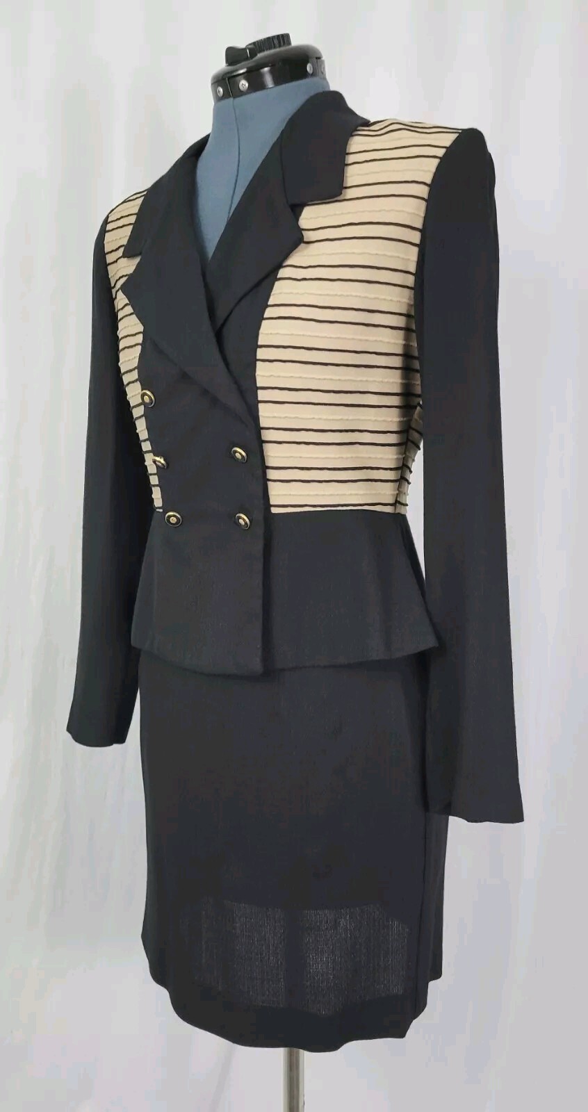 Vintage JSJ Petites Black & Tan 2-Piece Jacket & Skirt Set Size 8P