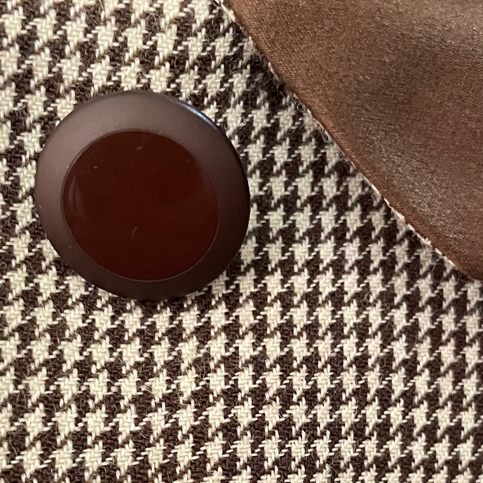 Vintage 90s Norma Kamali 6/8 Houndstooth Peplum Skirt Suit Brown Satin Trim