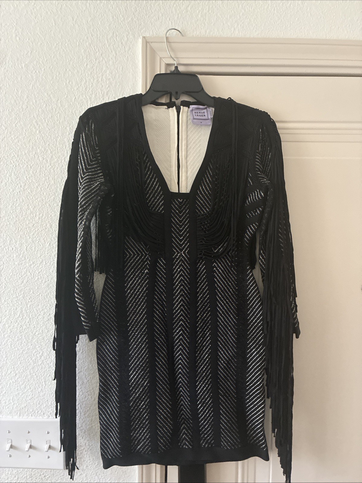 Herve Leger Black Fringe Dress Fringe In Front And Back with White Sticking