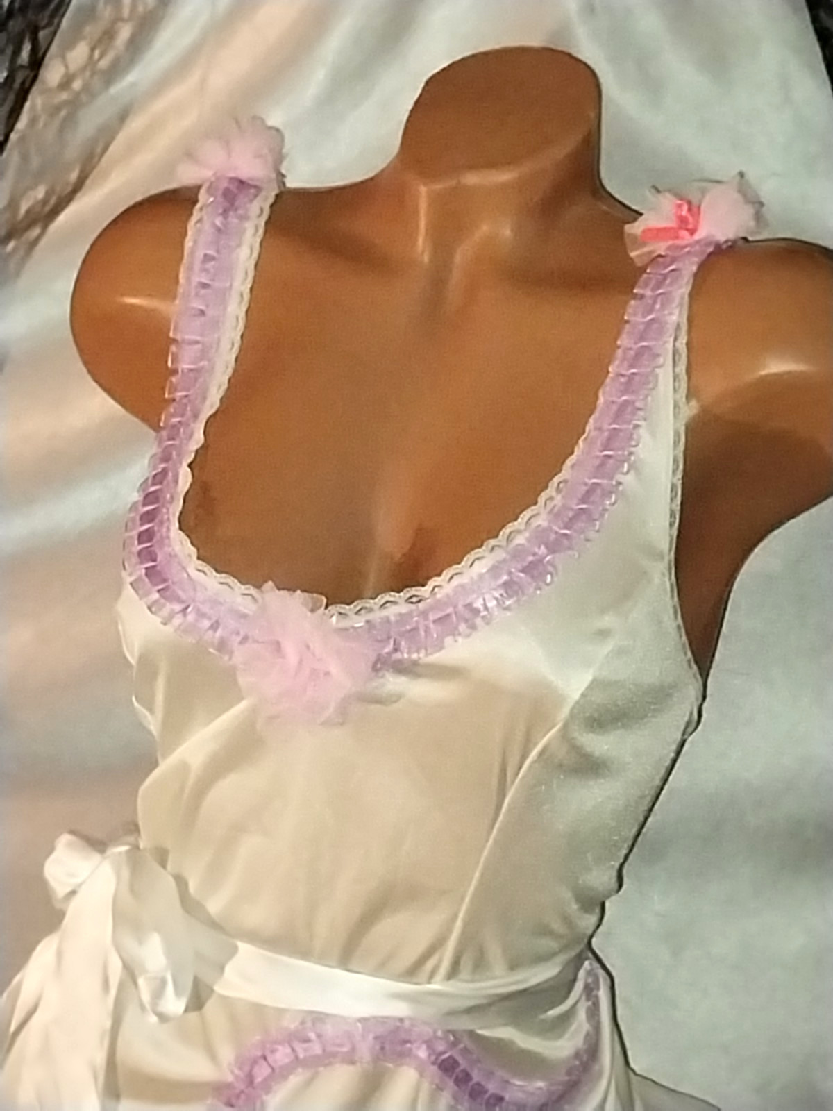 VTG Silky Nylon DollCore Cami Blouse Top Frilly Lacy Neon Pink Bows Burlesque 48