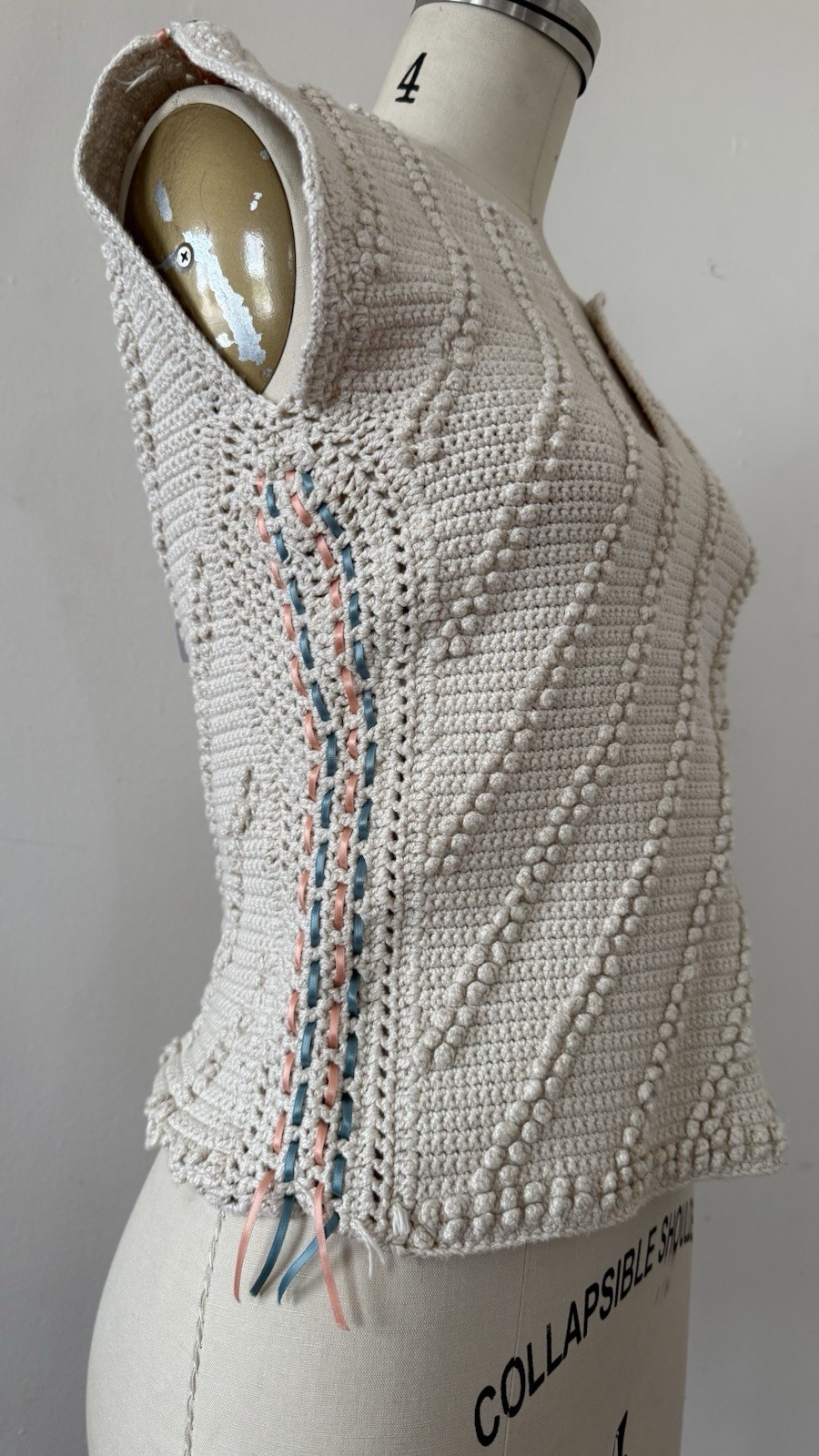 Antique/Vintage Art Deco Popcorn Rayon Hand Crocheted Knit Ribbon Trim Top XS
