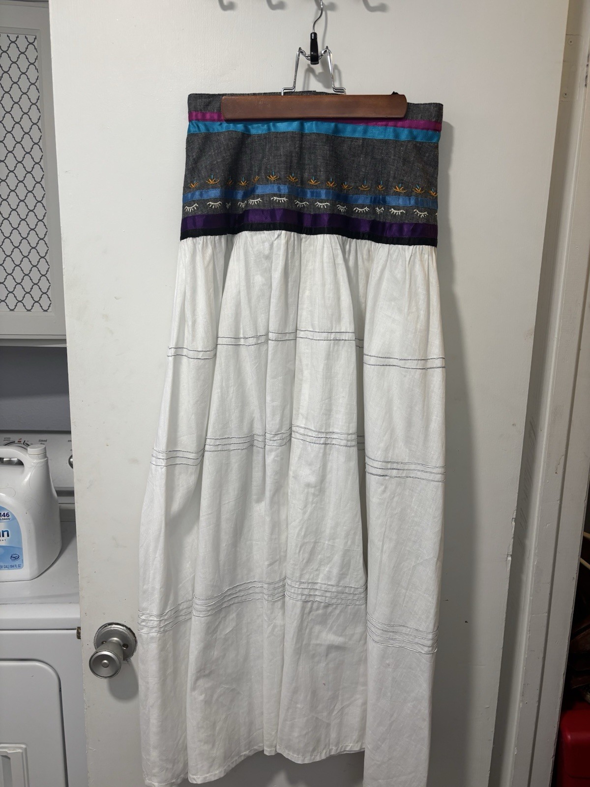 Vintage Irene Pulos Hand Embroidered Cotton Full Maxi Mexican Skirt Size L