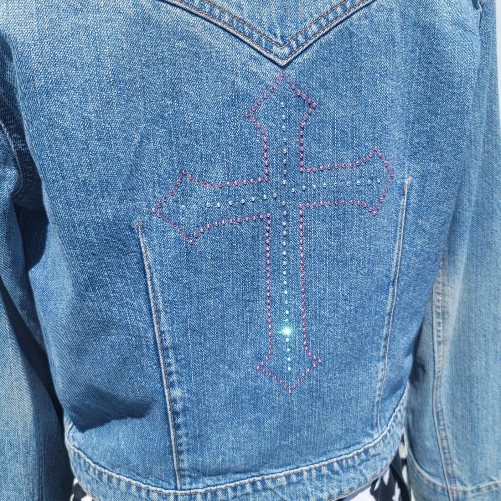 Vintage Y2K Upcycled Redone Custom Bling Gothic Cross Western Jean Jacket Medium