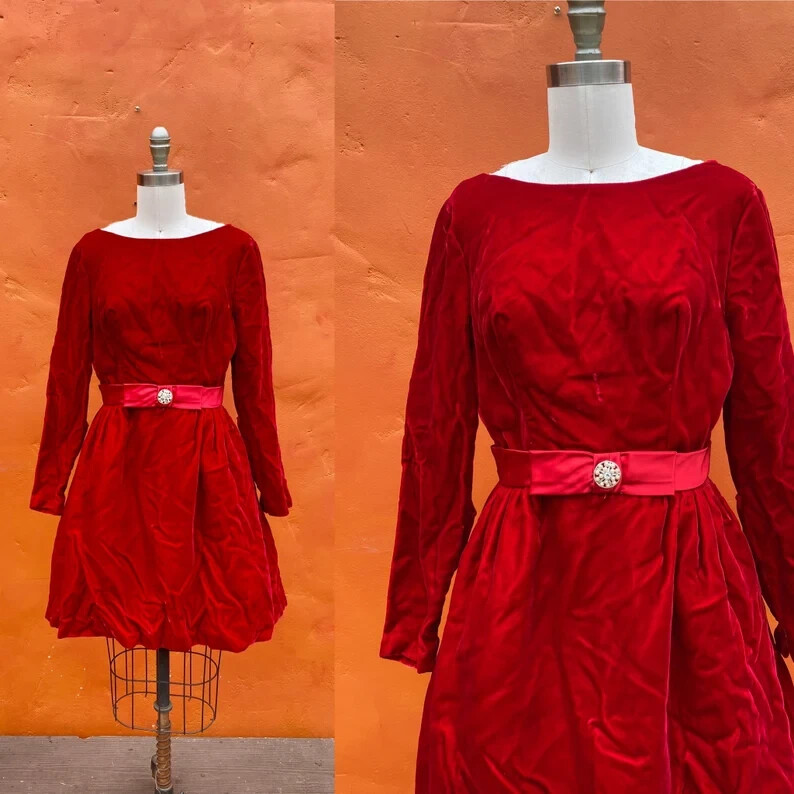 Vintage 1950s 1960s Red Velvet Dress. Party Cocktail Pinup Prom Evening