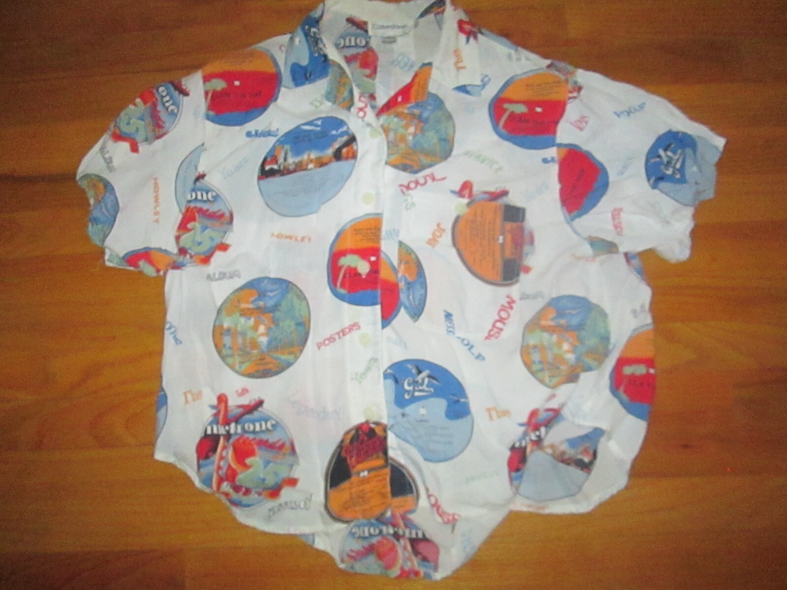 LADIES Vtg 80s 90s CALVIN KLEIN Loop Collar Rayon album record aop hawaii shirt
