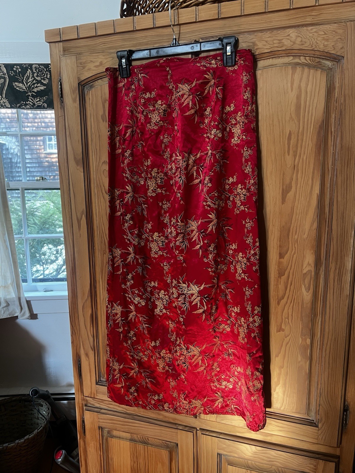 Vintage 90’s C L E Paris Red Bamboo Print Rayon Midi Skirt Women’s M