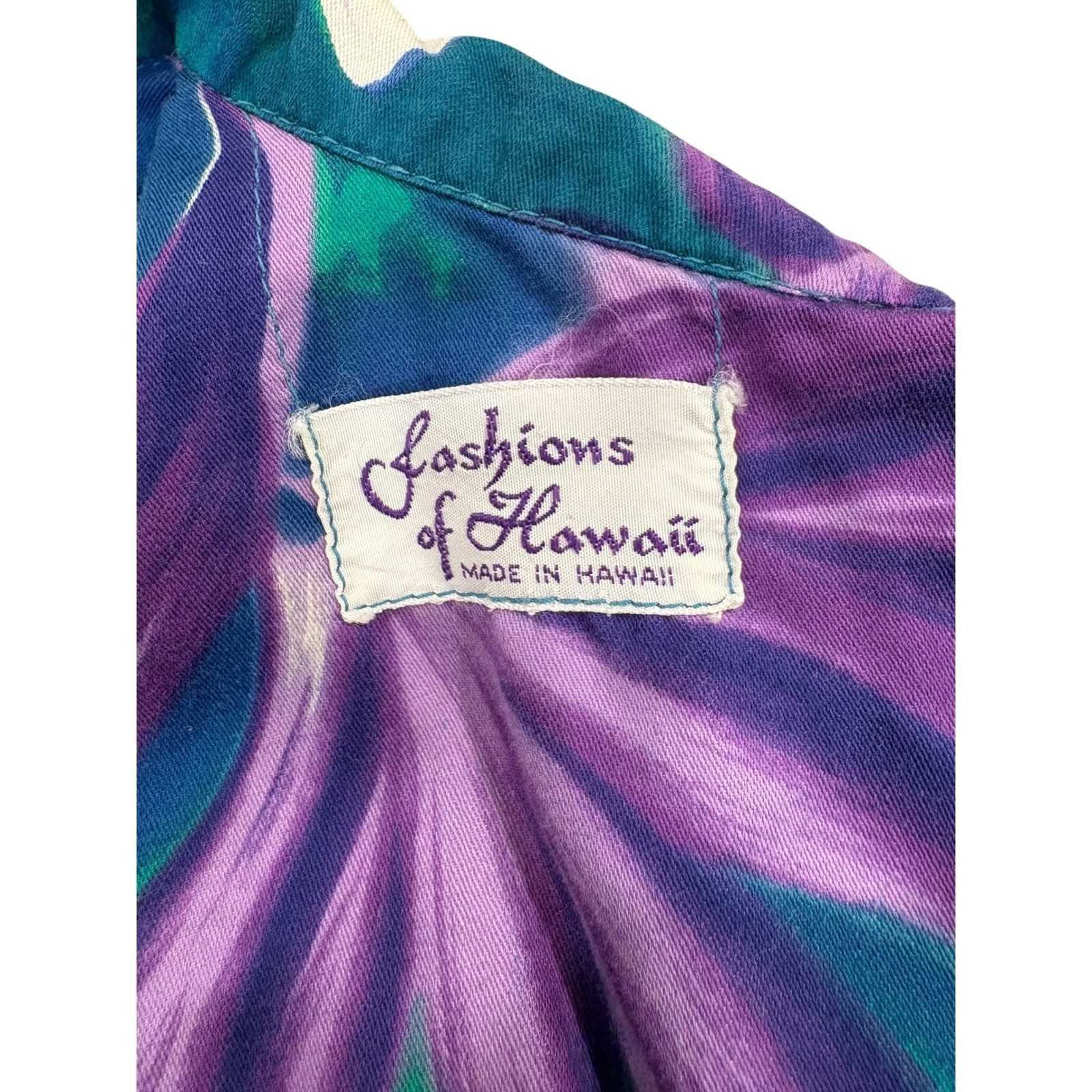 Vtg 60s 70s Fashions of Hawaii Dress Women sz s/m Teal Purple Floral Bow resort