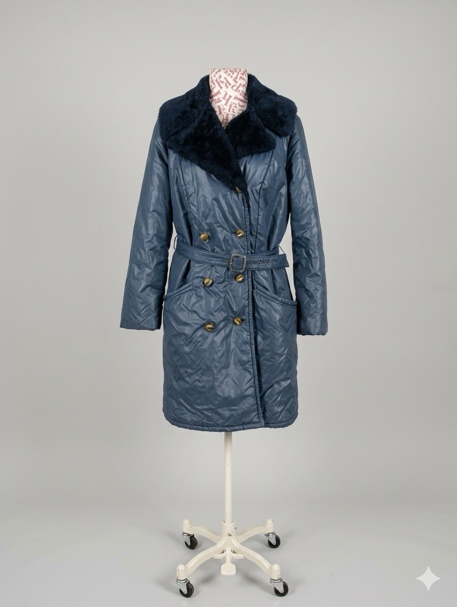 Vintage 70s Glenbrooke Mod Shiny Blue Puffer Coat Faux Fur Collar M/L Ski Style