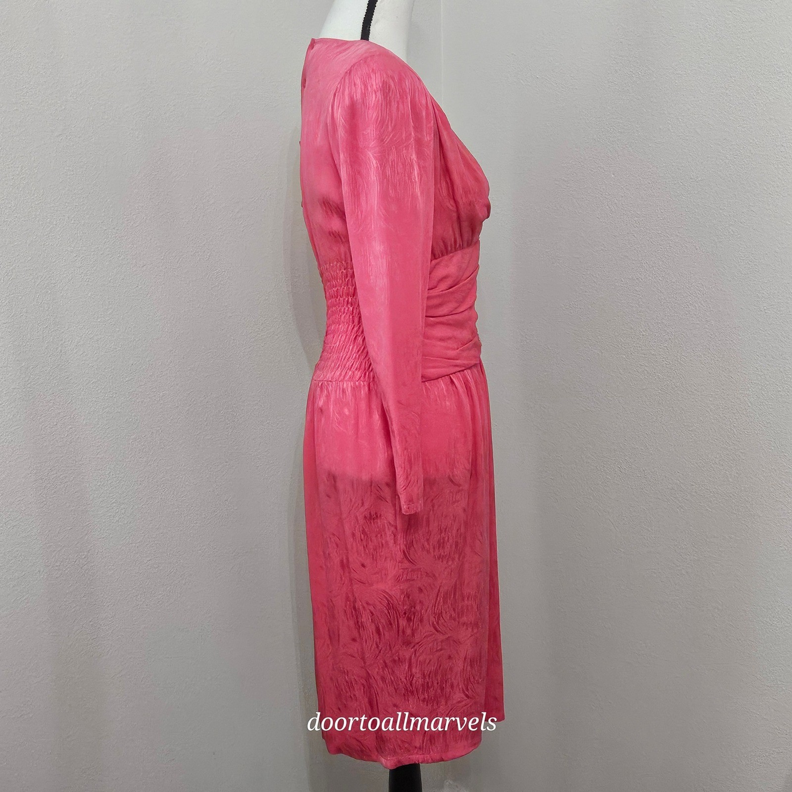 VTG Nora Noh Pink Silk Ruched Dress ’80s Does ’40s sz S Chic Formal Elegant