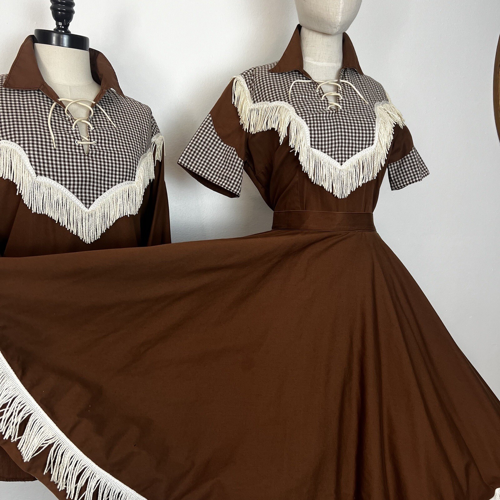 HIS & HERS 60’s Vintage Western Gingham Fringe Shirt Circle Skirt Suit S M L Xl