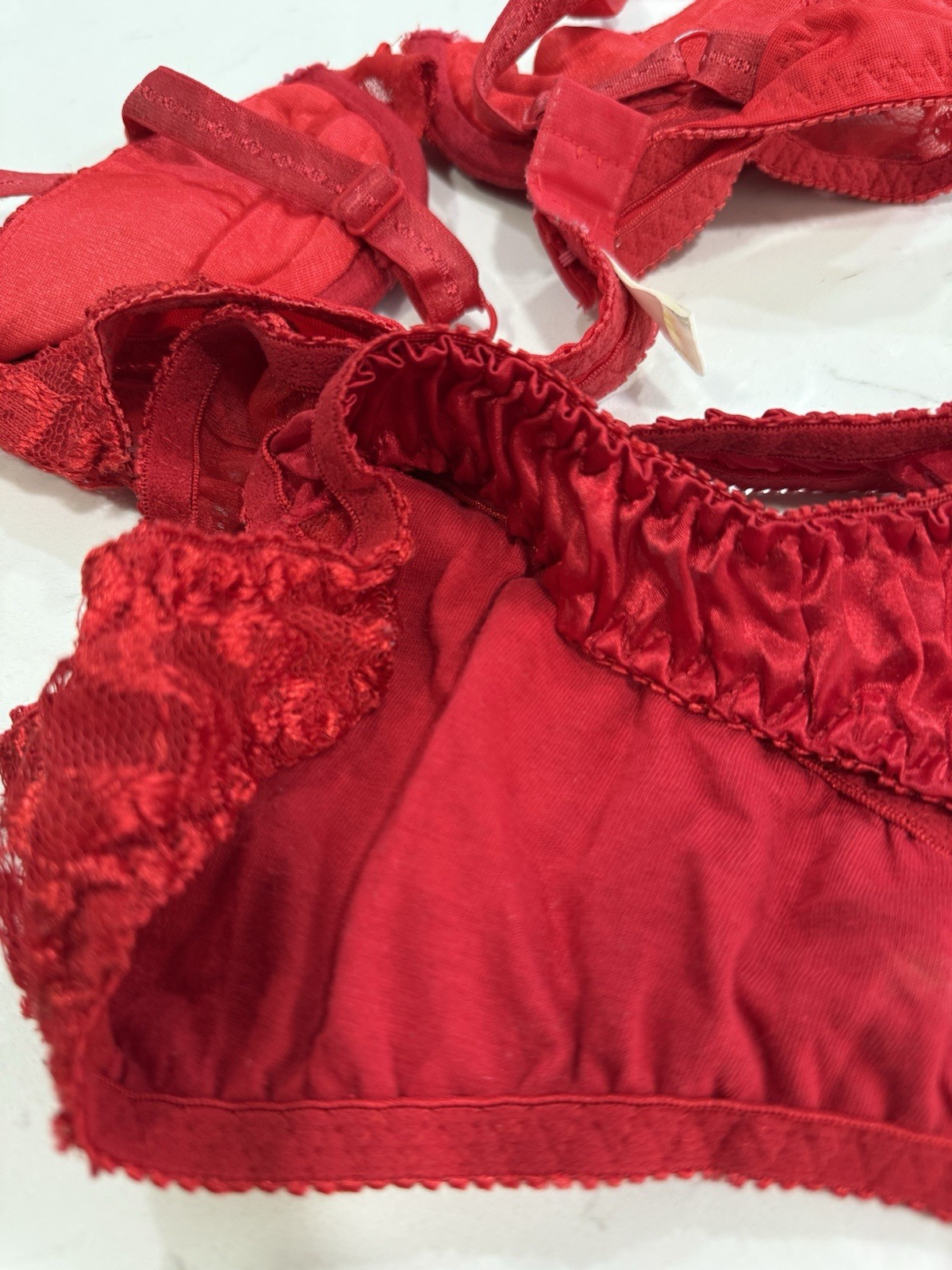 Vntg 1990s Red Lace High Cut Thong Bra Set 34B Large Pin Up Sexy Cotton Lined