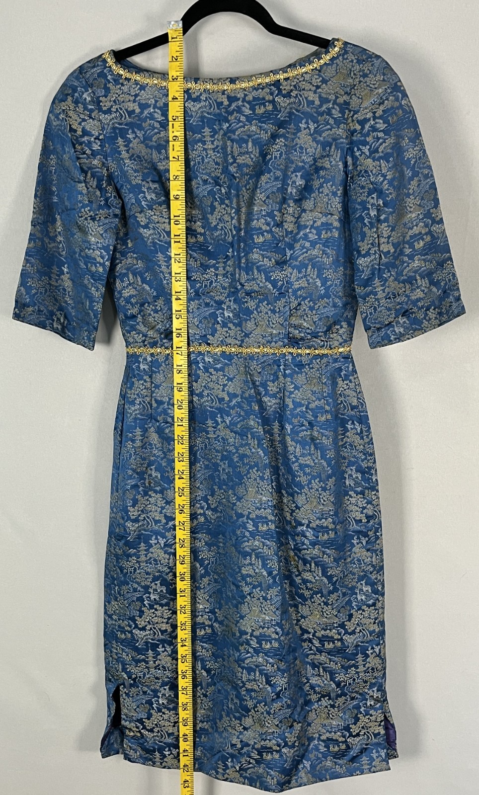 Vintage 50s Gold Jacquard Brocade Dress Womens S Blue Cocktail Talon Zip