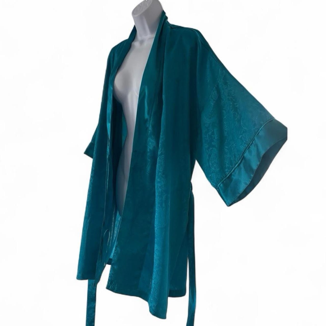 Vintage Victoria’s Secret Kimono Robe Teal OS Gold Label Satin Floral Sleep 80s