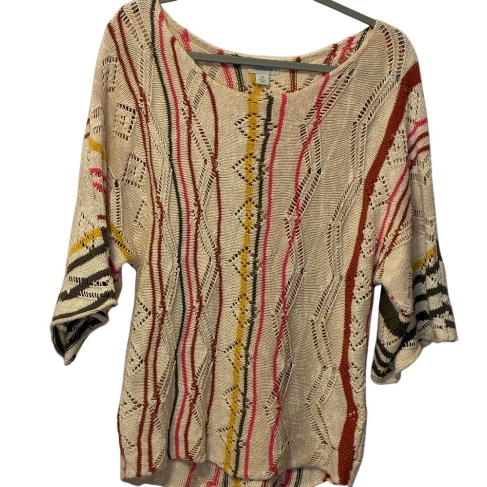 Sundance Cream Open-Knit Cotton Pullover with Yellow, Pink & Rust Stripes XS
