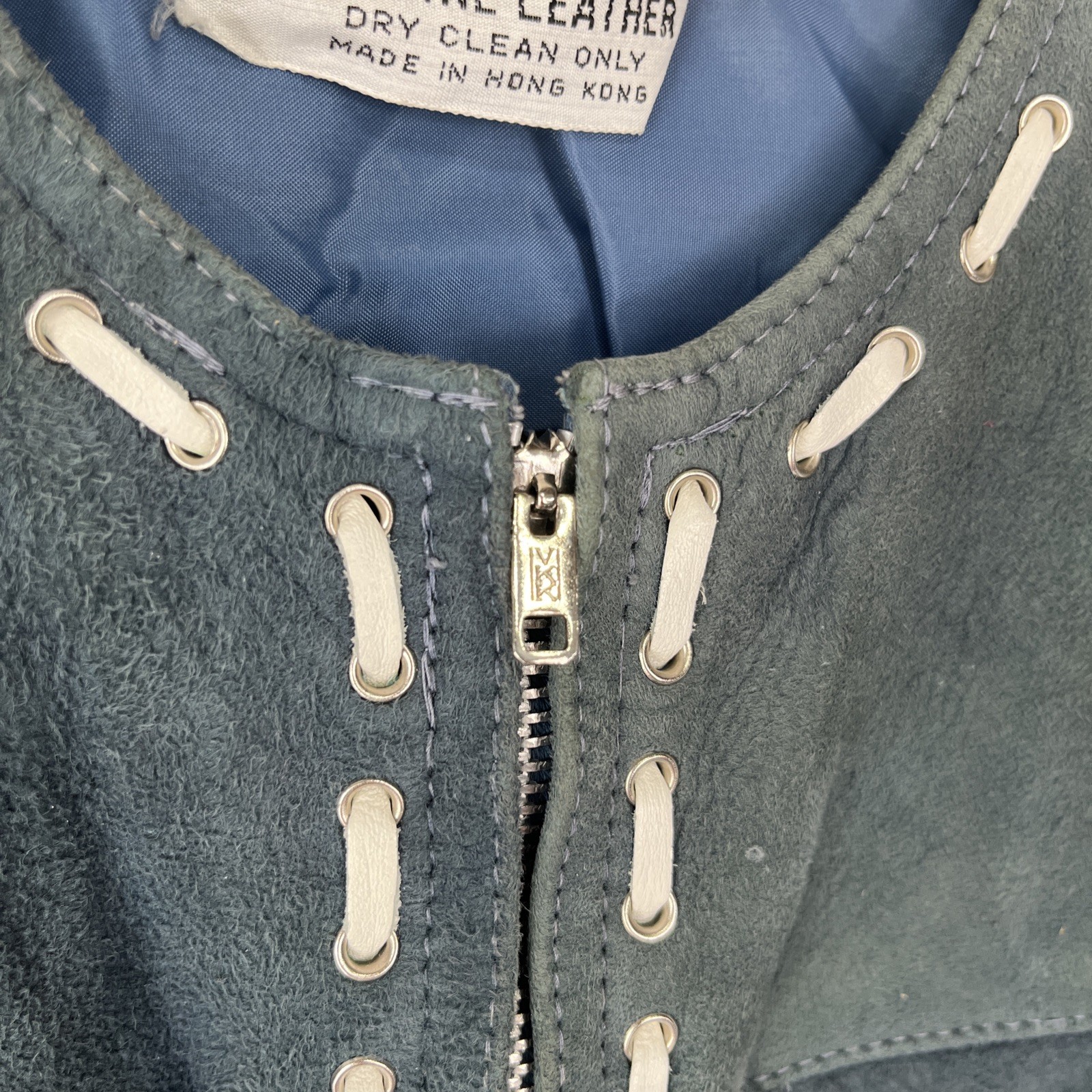 Vintage Carnaby Leather Vest Women 14 Wool Back Blue Suede Full Zip Distressed