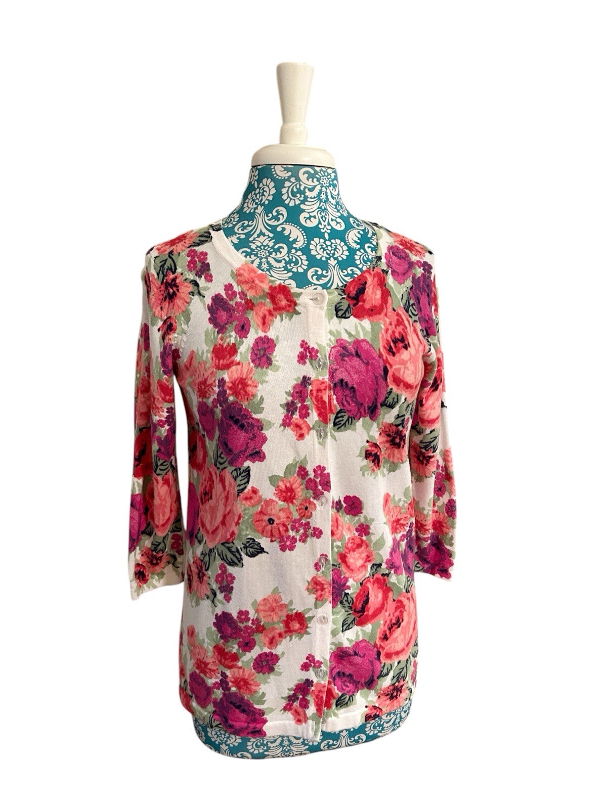 Vintage Laura Scott Floral Pink & Aqua Roses Cardigan Sweater Cottagecore Shabby