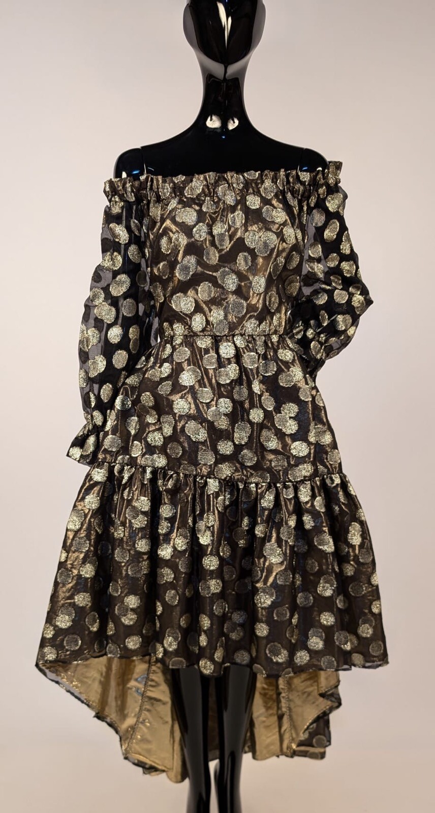 POSH VINTAGE 1980’S METALLIC GOLD LAME + DOT ORGANZA COCKTAIL DRESS BY ADOLFO