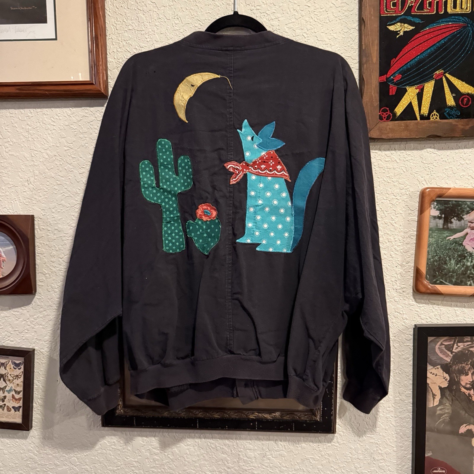 Vintage 80s Sweatshirt Cardigan Southwestern Coyote Moon Country Western Boho XL