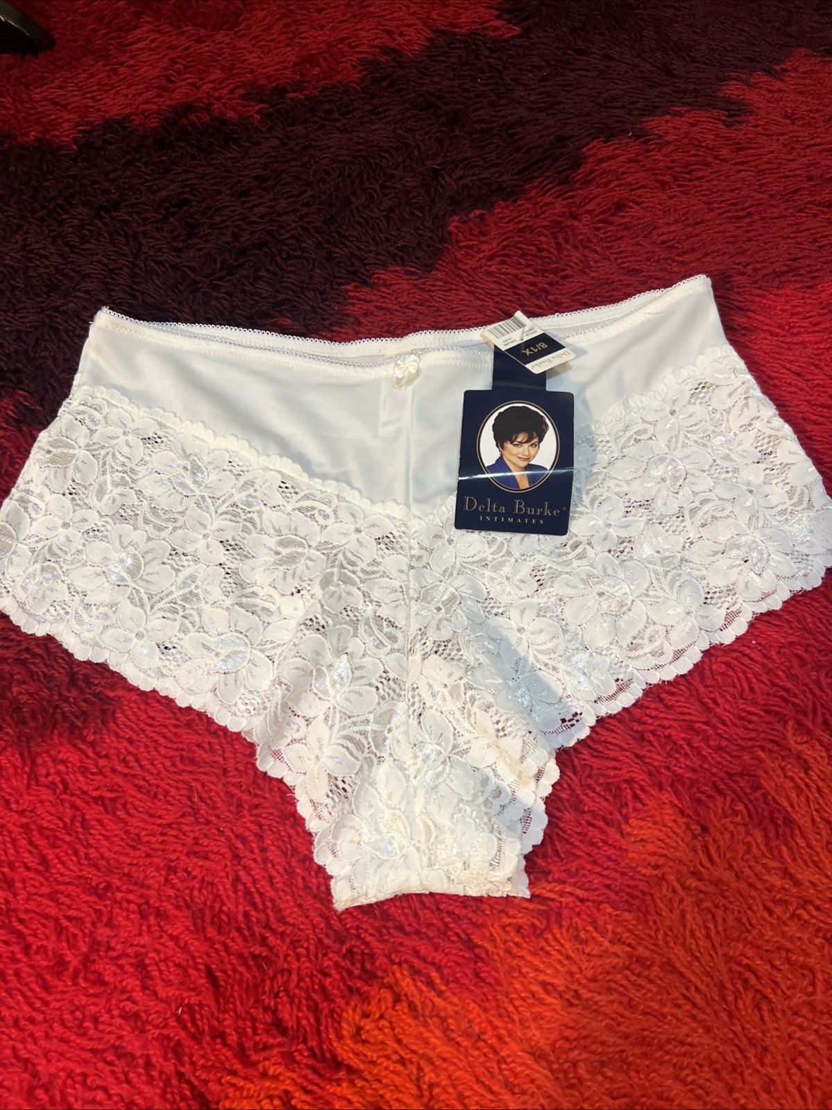 Vtg DELTA BURKE Lace Silky Nylon Cheeky White Boy Short Panties 8 XL