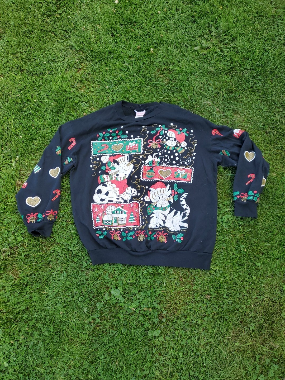 Vintage Young Stuff Cat Kitten Christmas Sweater Top Black 80s Xmas
