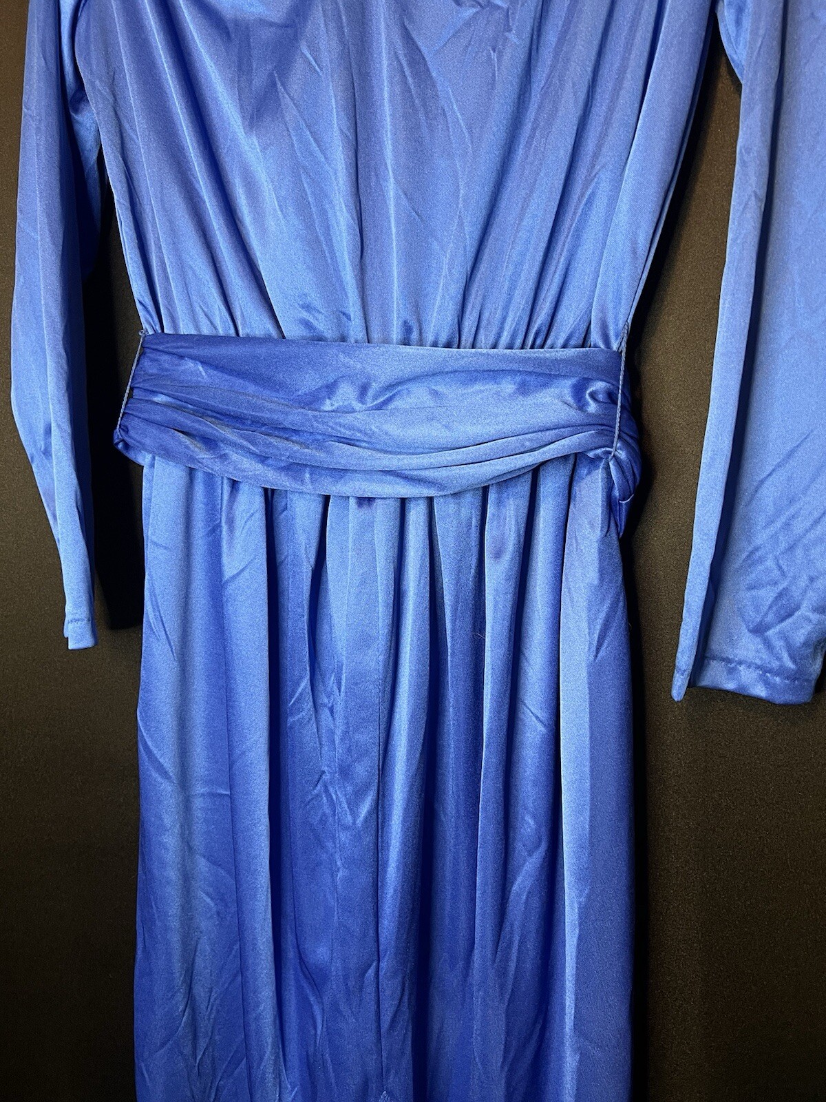 VTG Impromptu Belted Satin Chic Blue Dress Embellished Bejeweled Floral Accents