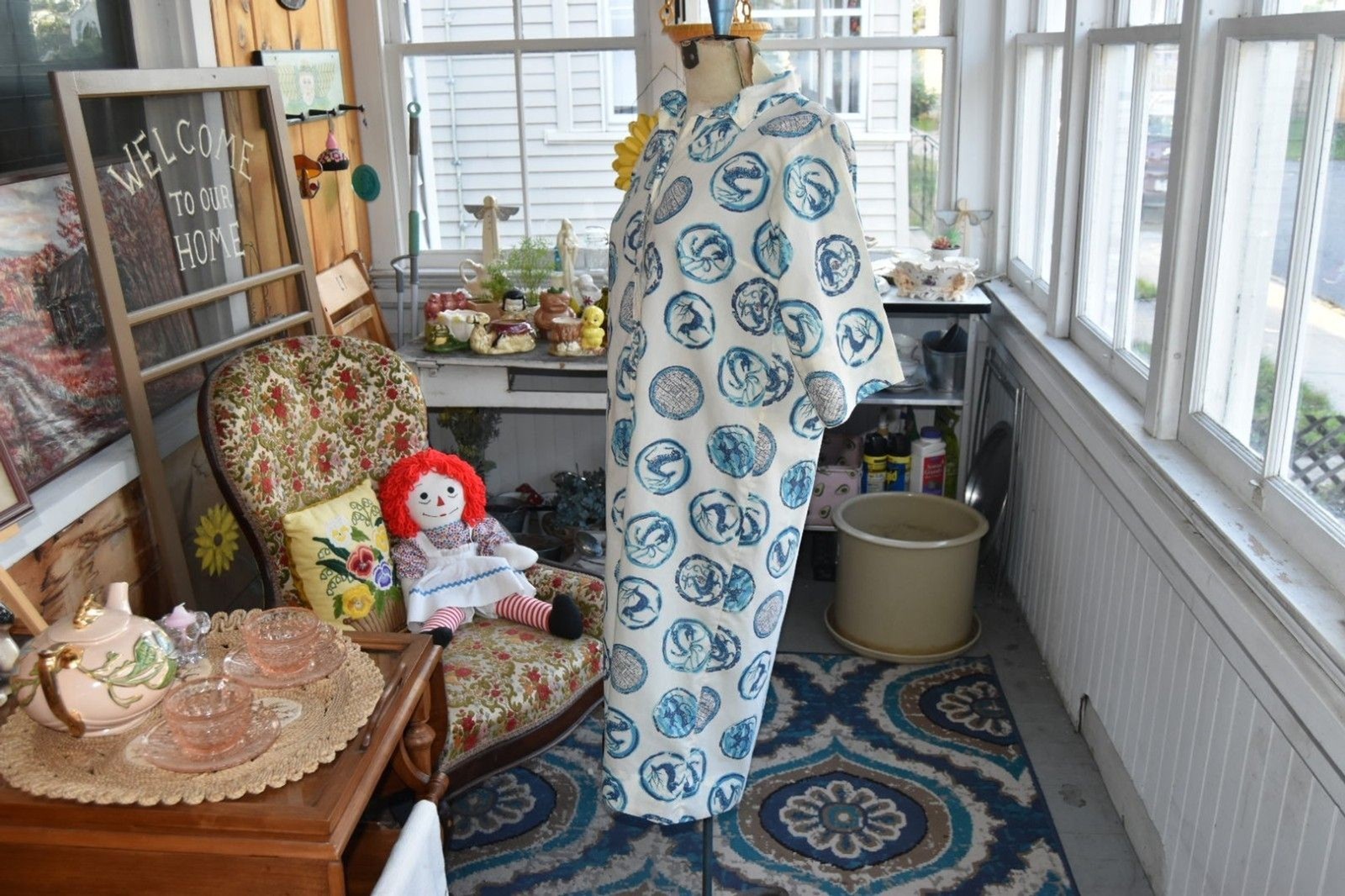 Vintage 1960s Lady Bayard House Dress Midi Blue White Stag Size Large
