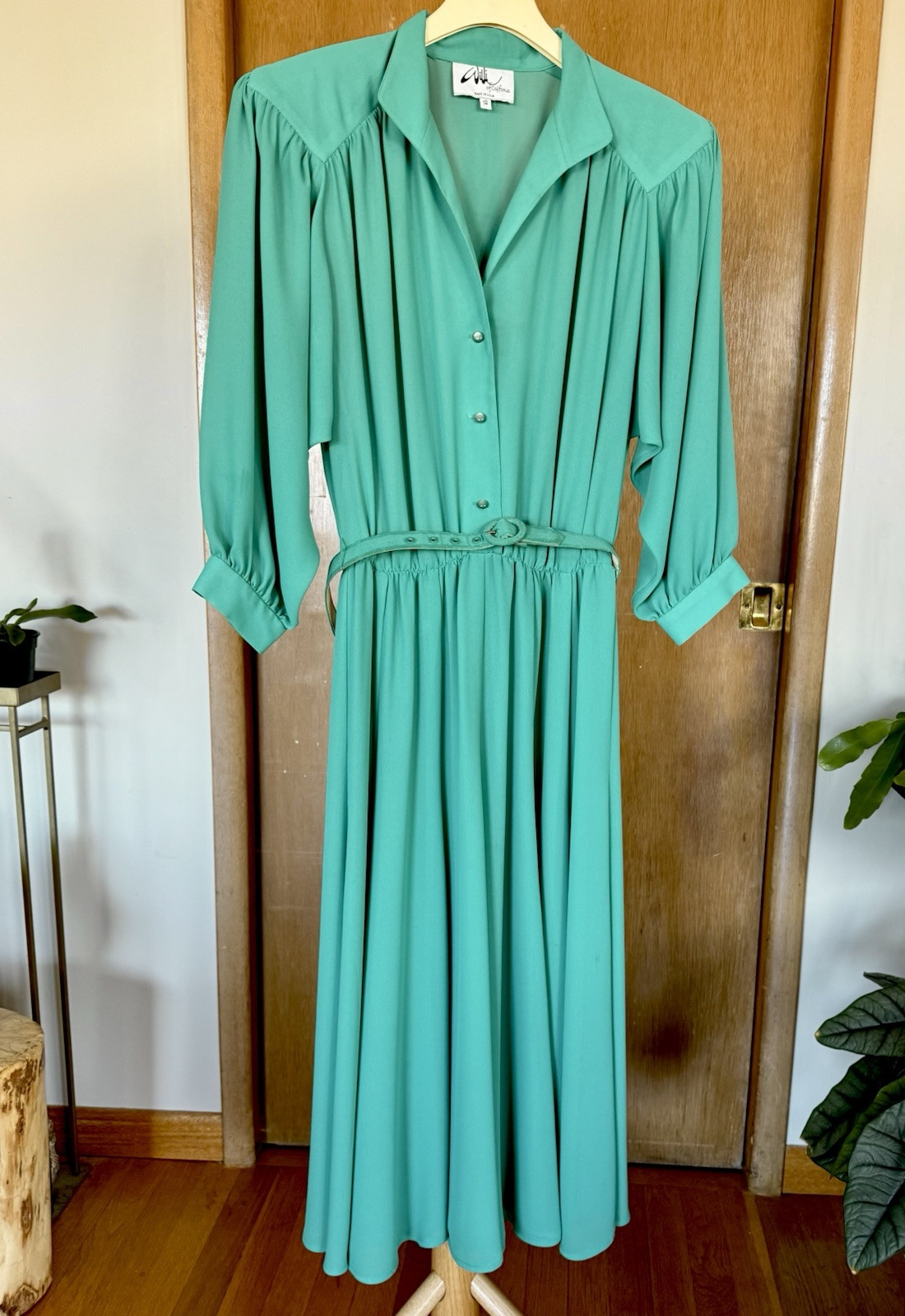 Vintage Sheer Chiffon Dress Turquoise Shoulder Pads Size 12 Secretary Geek 80s