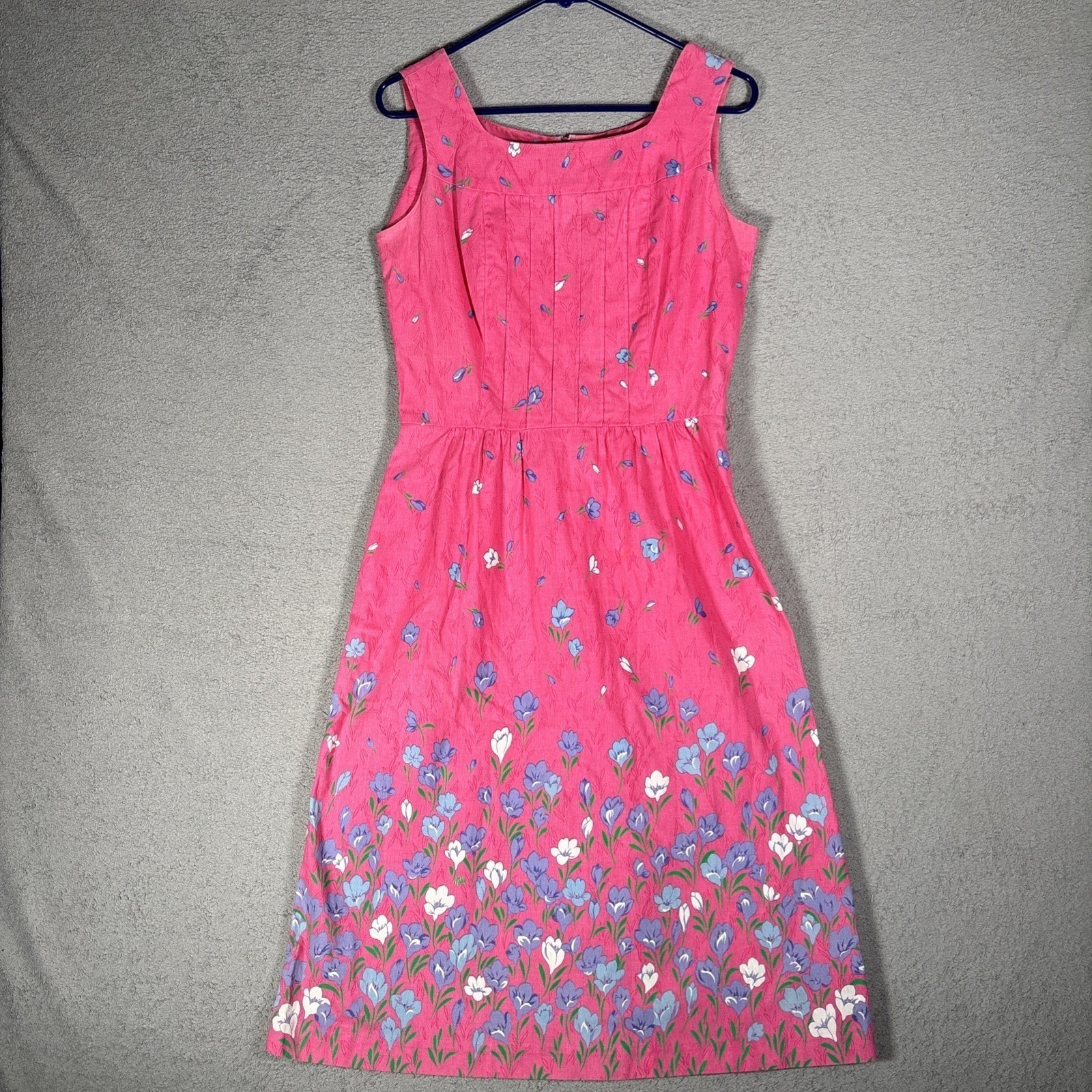 Malia Vintage Pink Floral Cotton Sleeveless Fit Flare Midi Dress Pintuck Bodice