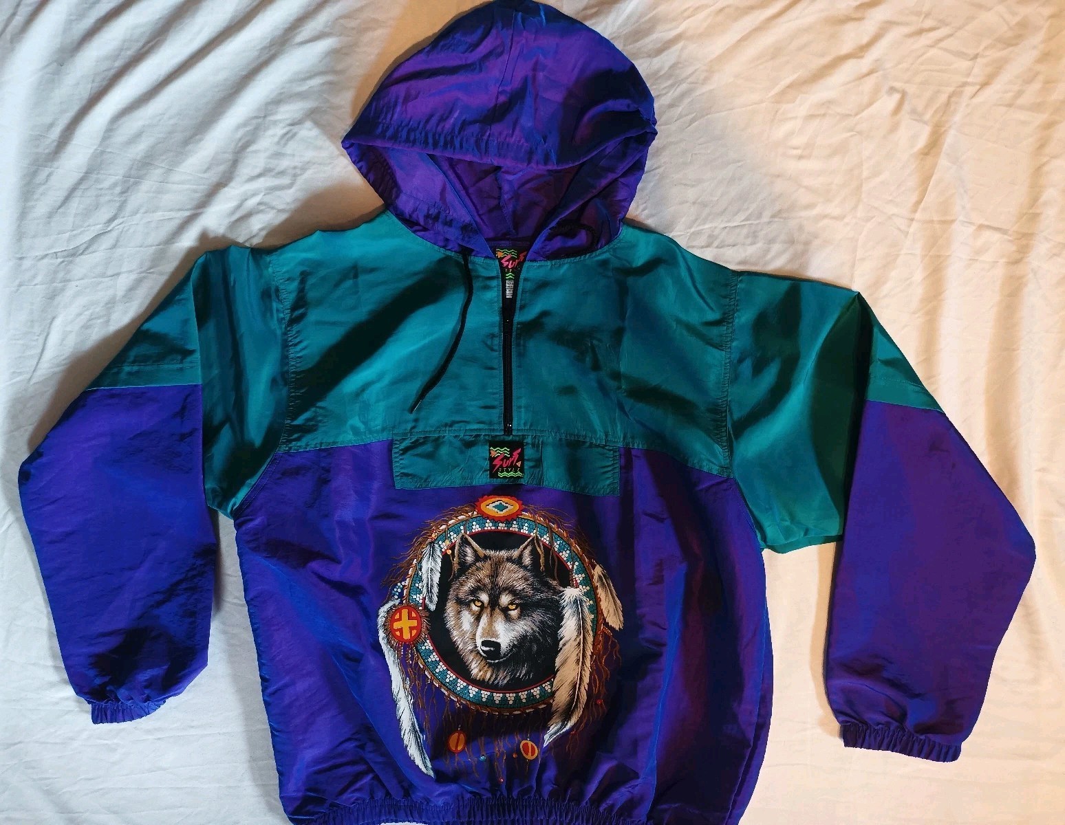 90’s Vintage Surf Style 1/4 Zip Irradescent windbreaker- Wolf Graphic Design