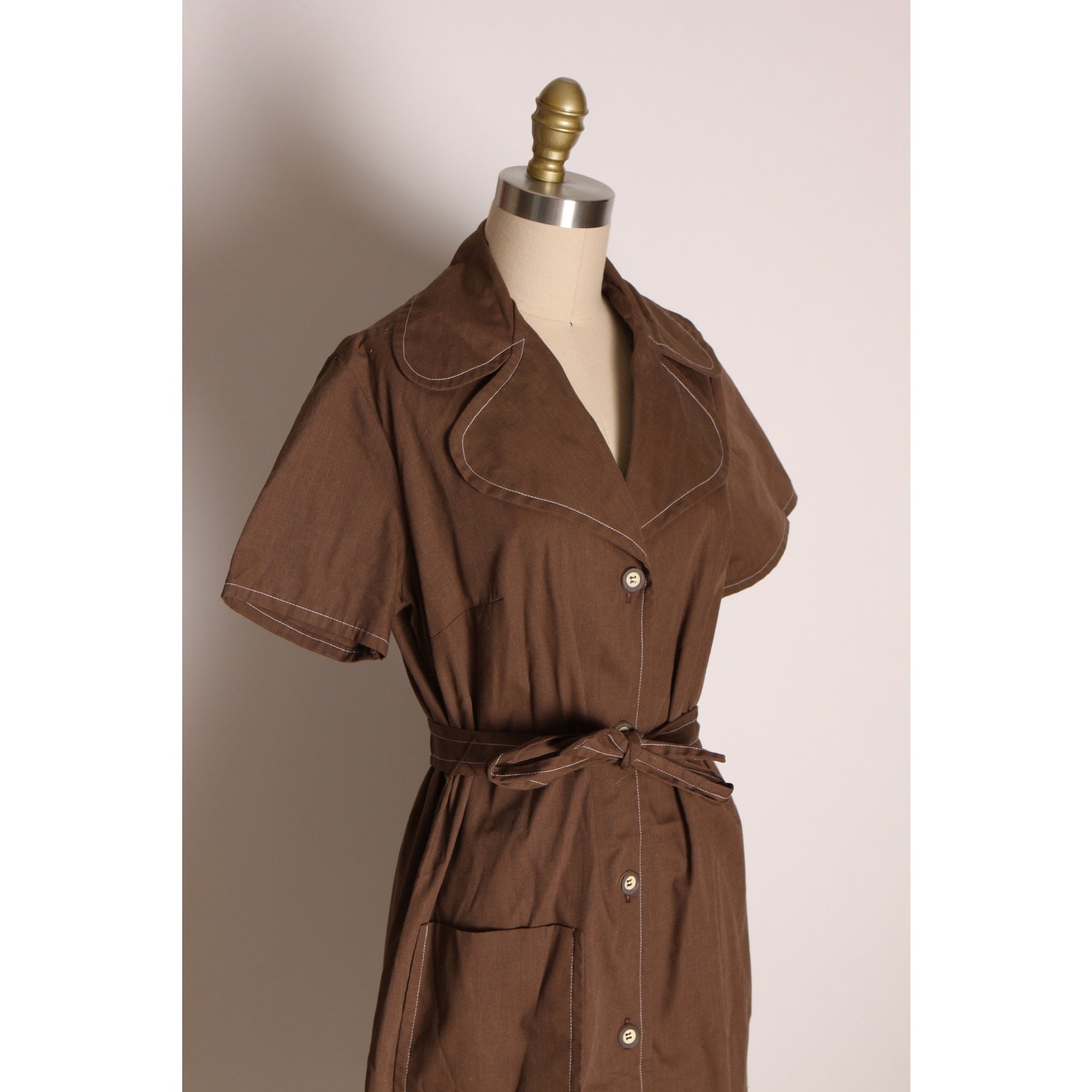 1970s Brown Button Up Short Sleeve Dog Ear Collar Belted Dress by Ship N’ Shore
