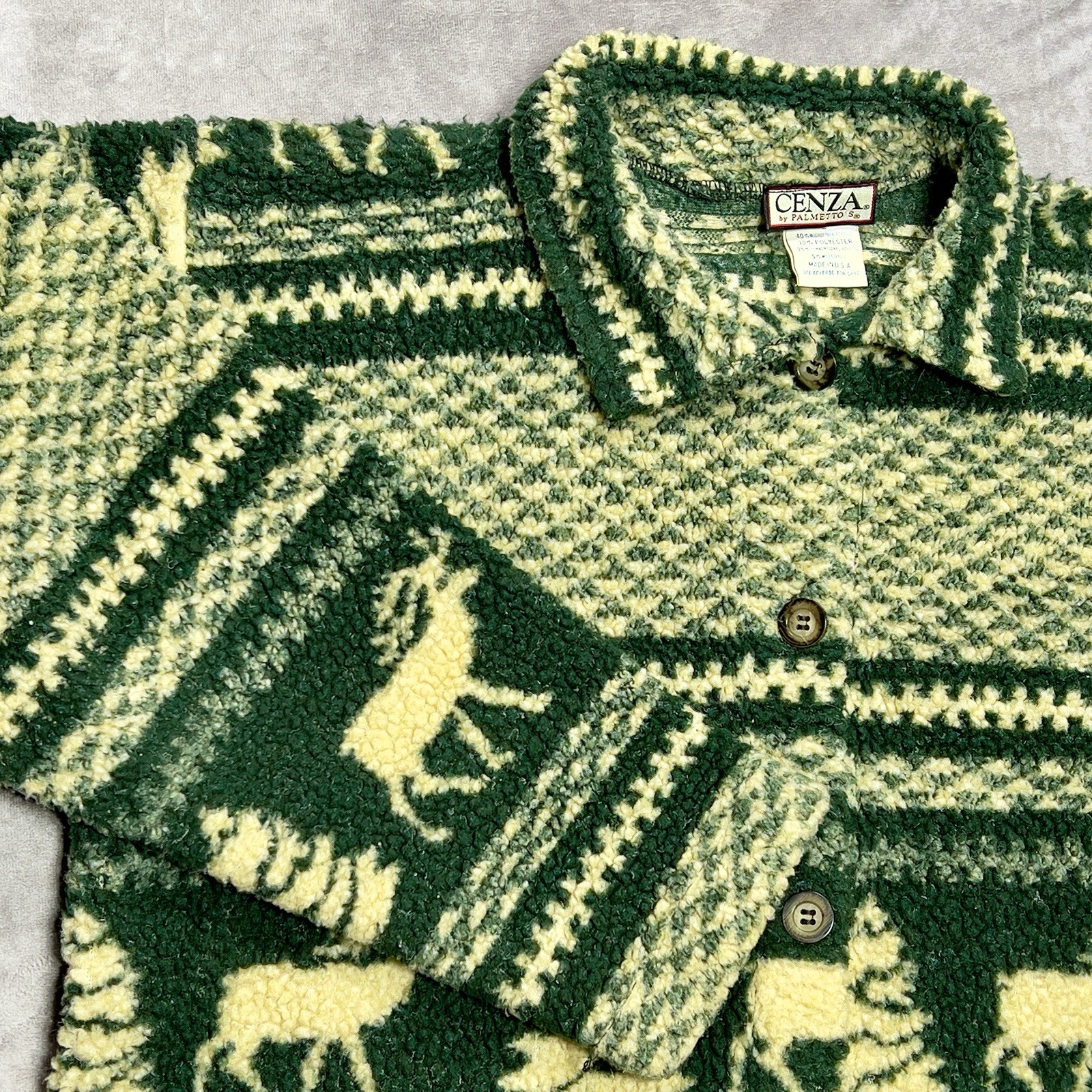 VTG Cenza Palmettos Fleece Jacket Womens L Green Cream Deer Pine Trees Cabincore