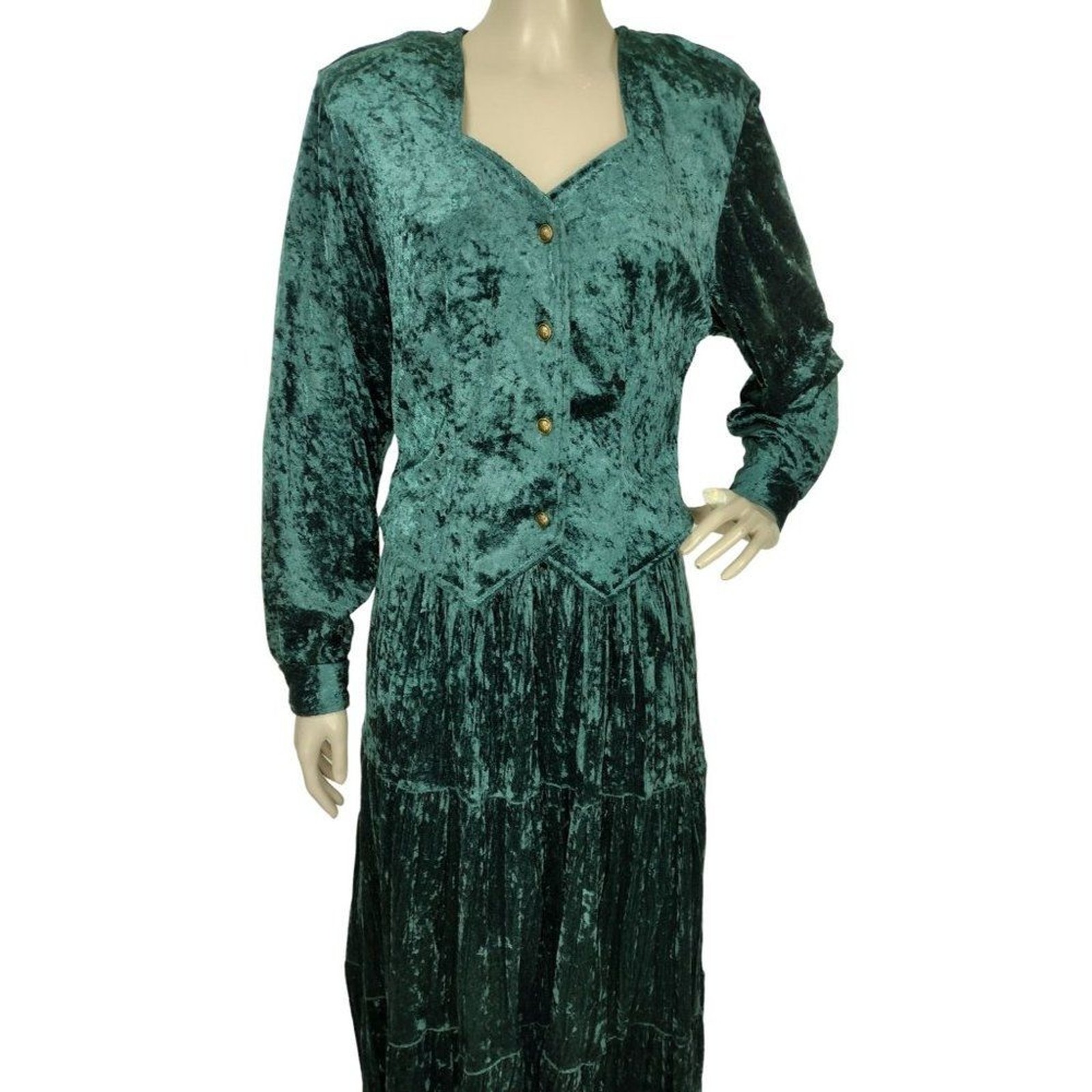Vintage 70s Western Boho Prairie Green Crushed Velvet Tiered Maxi Skirt Top Set