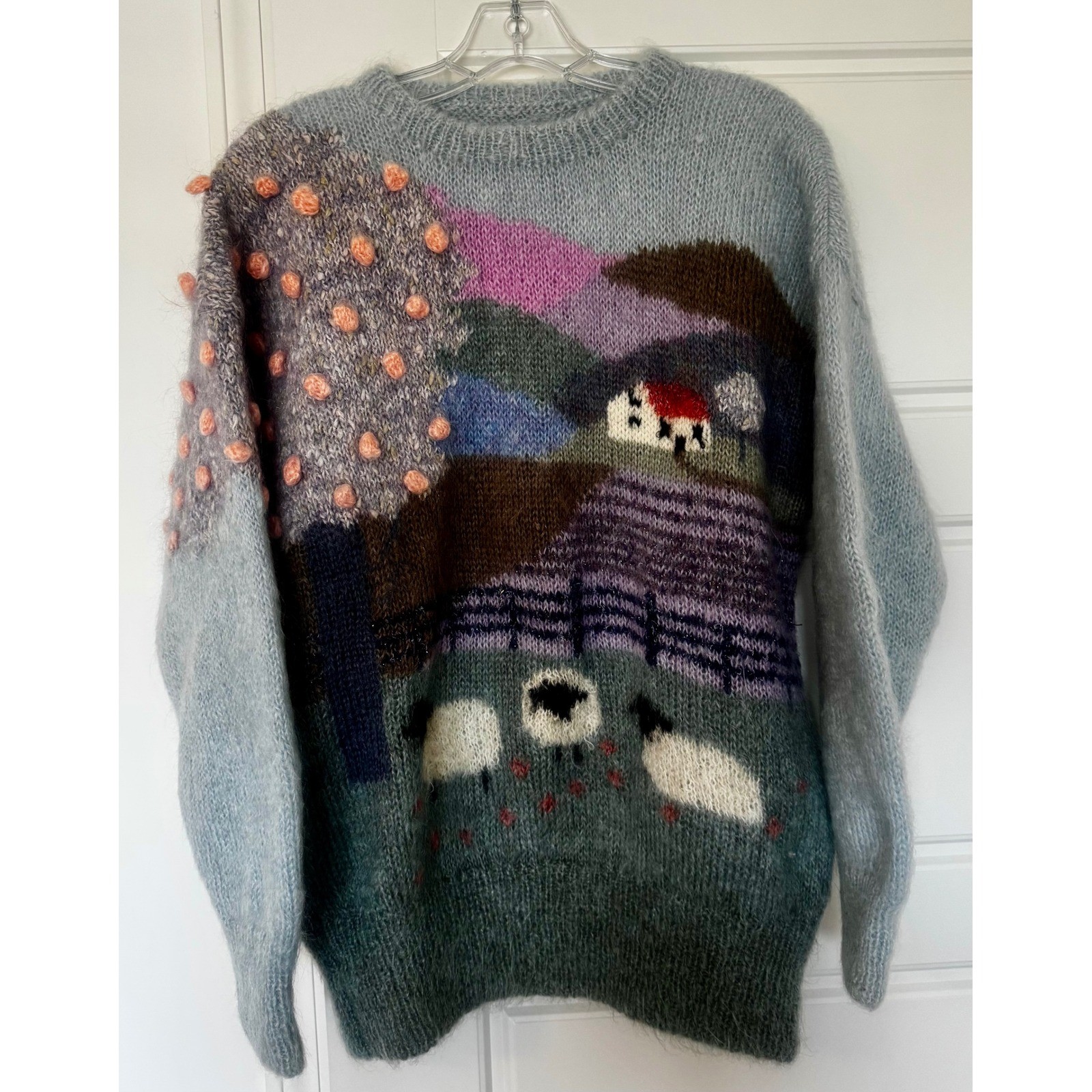 Vtg 80s SUSIE LEE Mohair Sheep Sweater Hand Knit Pastel Cottagecore Landscape L