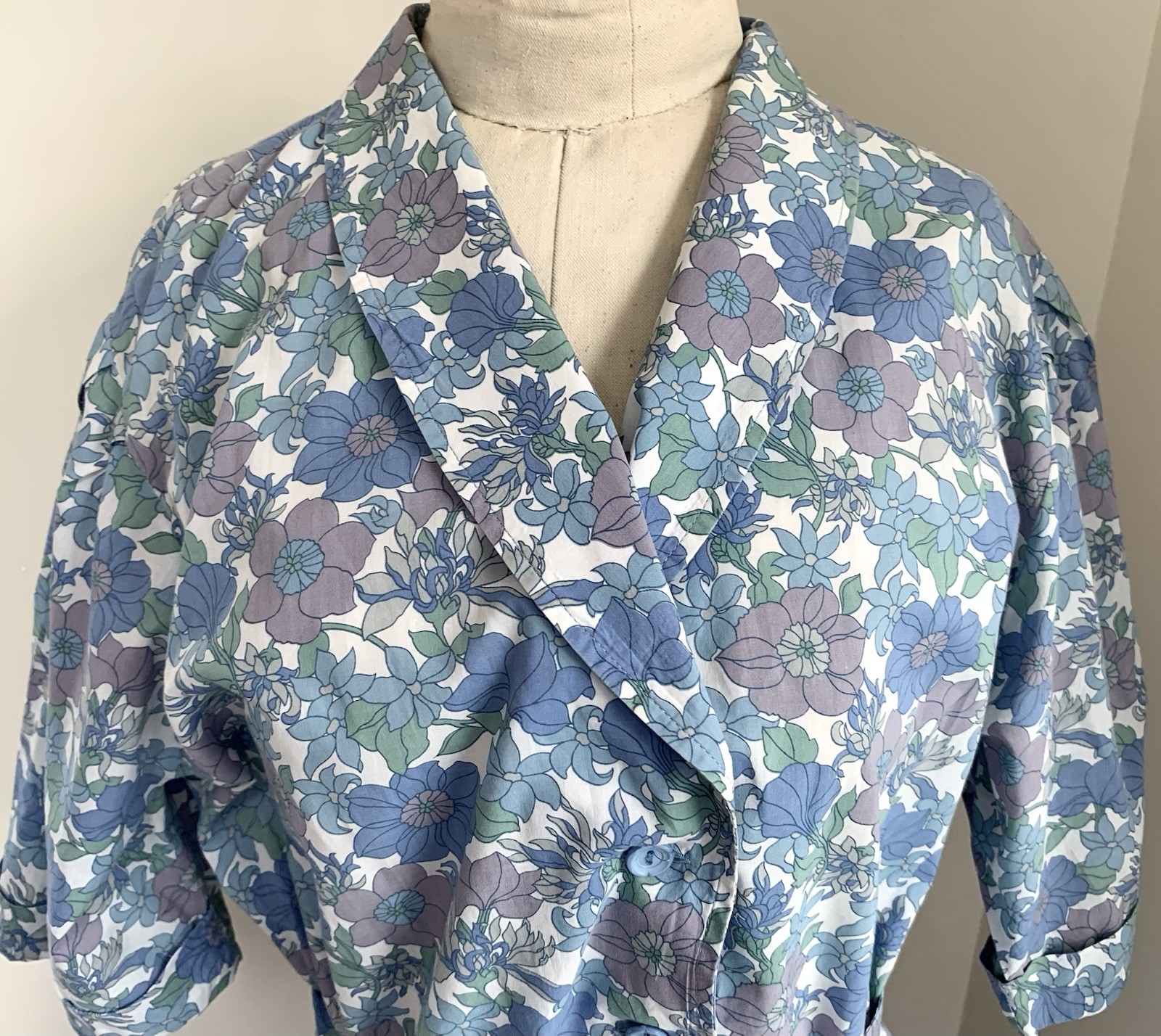 vintage 1960s Melissa shirtwaist dress cotton blue/lilac floral sz M full skirt