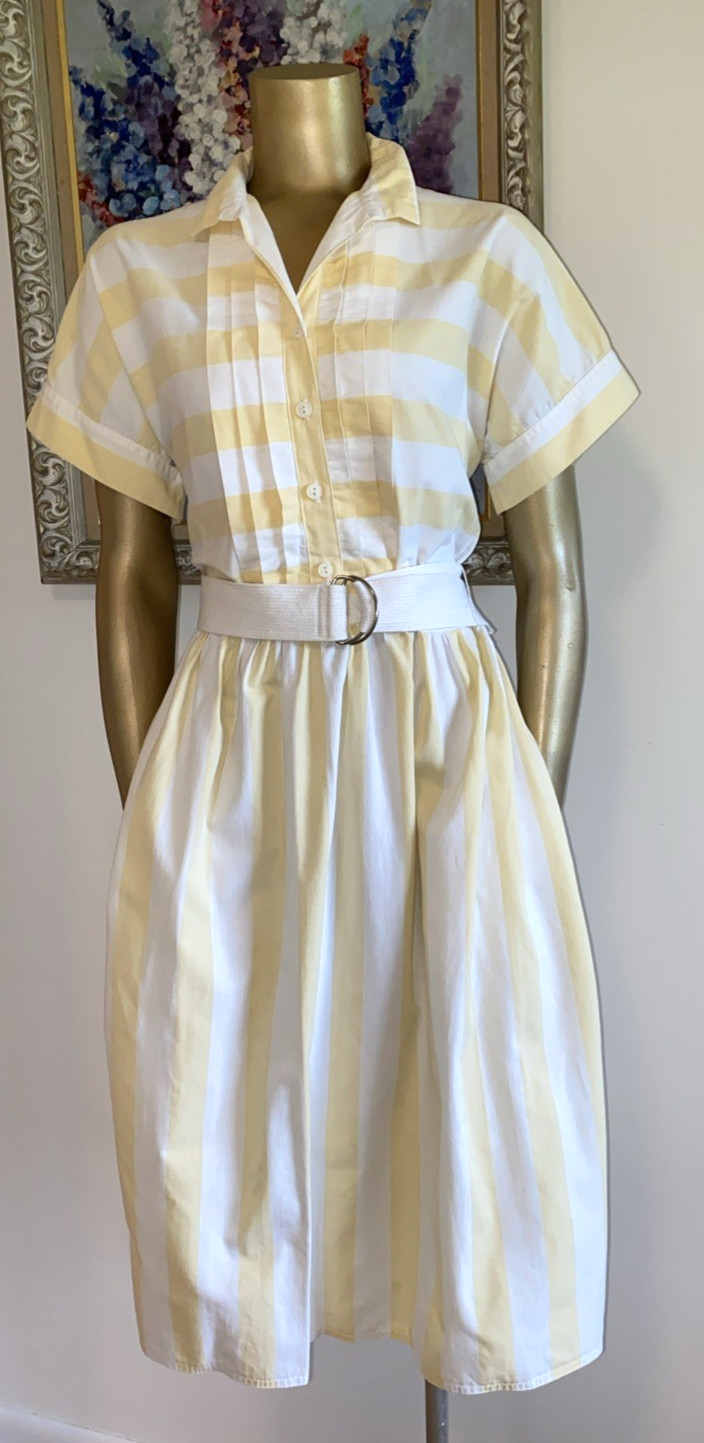 VINTAGE 70’s Lanz Striped Cotton Fit & Flare Shirt Dress w Belt M Yellow & White